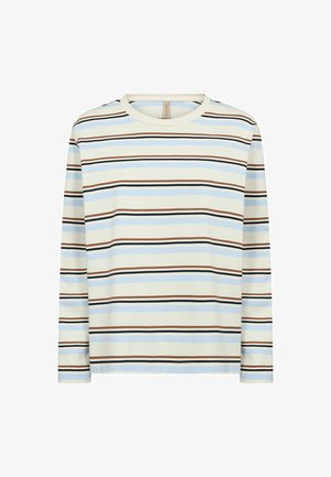 Camiseta de manga larga en beige claro con rayas horizontales en azul marino, azul claro y marrón. Cuello redondo y material de algodón suave.