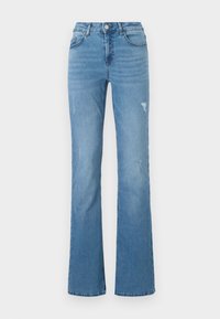 Light blue flared jeans made from denim, featuring a high waist, five pockets, and subtle distressed details on the legs.
