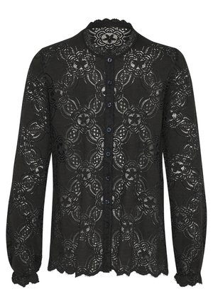 Black lace blouse with long sleeves, a scalloped collar, and button closure. Features floral patterns and textured fabric.