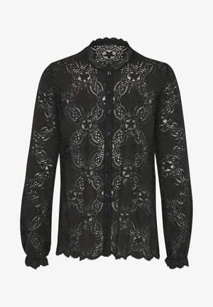 Črna čipkasta bluza z dolgimi rokavi, z valovitim ovratnikom in zapiranjem na gumb. Ponaša se s cvetličnimi vzorci in teksturirano tkanino.