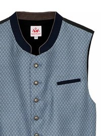 Námořnická a světle modrá vzorovaná vesta s kulatým výstřihem, šesti kovovými knoflíky a malou náprsní kapsou lemovanou modrou.