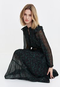 Black floral dress with green and red patterns, sheer fabric, ruffled collar, long sleeves, and a cinched waist, creating a flowy silhouette.