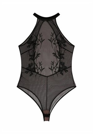 Black mesh bodysuit featuring floral embroidery on a sheer fabric, high neckline, and snap closure at the bottom. Textured with intricate patterns.