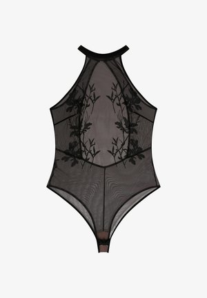Czarny siatkowy bodysuit z kwiatowym haftem na przezroczystym materiale, z wysokim dekoltem i zapięciem na napy na dole. Teksturowany złożonymi wzorami.