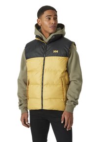 Weste mit Steppung, schwarzem Oberteil und goldenem unteren Teil, ausgestattet mit einem Reißverschluss, Seitentaschen und "HH"-Logo. Trägt man über einem grauen Hoodie.