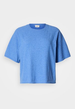 Blue short-sleeve top made of textured fabric with a round neckline and relaxed fit. It features a clean hem and subtle stitching details.