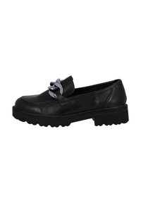 Mocassin en cuir noir avec une semelle épaisse, présentant un accent en chaîne argentée décorative et une finition lisse. Bout arrondi et design profil bas.