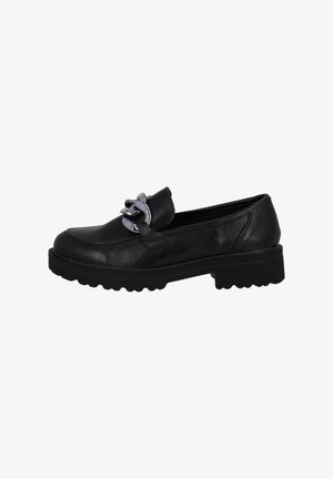 Mocassin en cuir noir avec une semelle épaisse, présentant un accent en chaîne argentée décorative et une finition lisse. Bout arrondi et design profil bas.