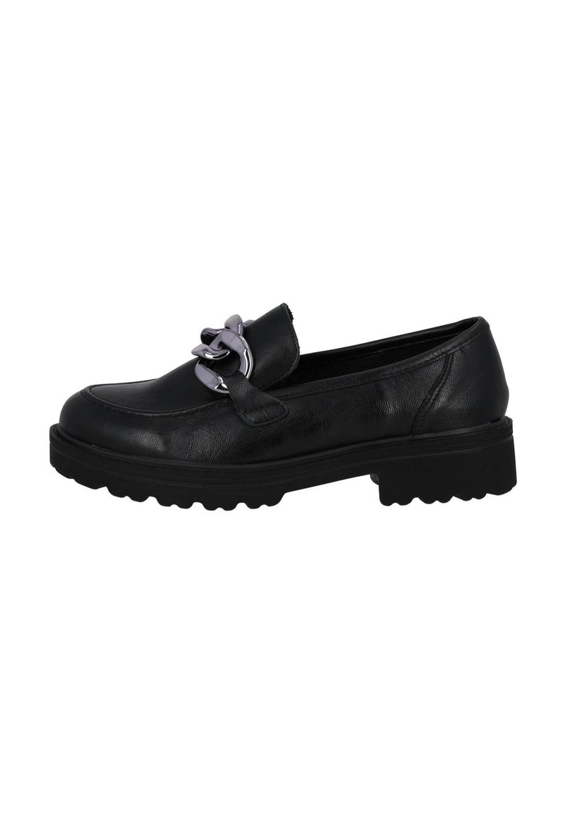 Mocassin en cuir noir avec une semelle épaisse, présentant un accent en chaîne argentée décorative et une finition lisse. Bout arrondi et design profil bas.
