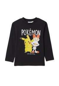 Zwarte lange mouw t-shirt met Pikachu en Scorbunny graphics en "POKÉMON" tekst. Gemaakt van katoen, zachte textuur, ontspannen pasvorm.