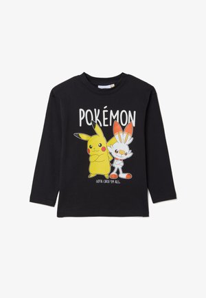 Schwarzes Langarm-T-Shirt mit Pikachu- und Scorbunny-Grafiken sowie dem Text "POKÉMON". Aus Baumwolle, mit weicher Textur und lockerer Passform.