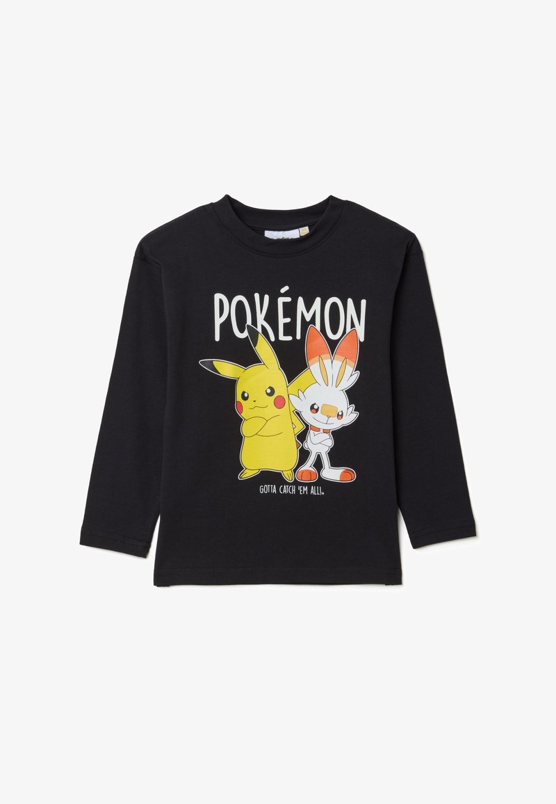 T-shirt a maniche lunghe nera con grafiche di Pikachu e Scorbunny e testo "POKÉMON". Realizzata in cotone, texture morbida, vestibilità comoda.