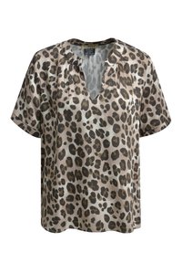 Kurzärmlige Bluse aus beigem Satin mit einem Leopardenmuster. Sie hat einen V-Ausschnitt und sanfte Falten nahe den Schultern.