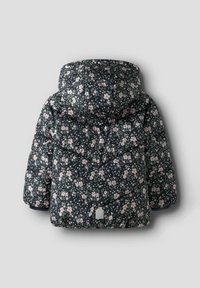 Schwarze Kinder-Daunenjacke mit Kapuze, dekoriert mit einem zartrosa- und weißen Blumenmuster, von hinten gezeigt.