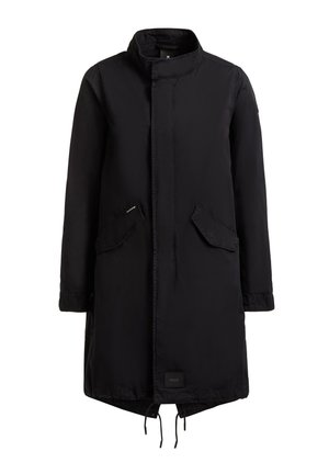 Schwarzer langer Mantel mit hohem Kragen, Klappentaschen, verdecktem Vorderverschluss und verstellbaren Kordelzügen am unteren Saum.