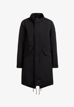 Schwarzer langer Mantel mit hohem Kragen, Klappentaschen, verdecktem Vorderverschluss und verstellbaren Kordelzügen am unteren Saum.