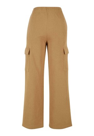 Väärälevyiset cargo-housut khaki-värisestä puuvillasekoitteesta, joissa on joustava vyötärö ja kaksi taskua läpillä. Pehmeä rakenne ja rento istuvuus.