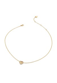 Gouden kettingarmband met een hartvormige hanger met een gestructureerd oppervlak en kleine, ingelegde stenen voor extra detail.