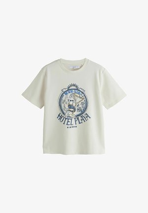 Cremefarbenes Baumwoll-T-Shirt mit kurzen Ärmeln, mit einem blauen grafischen Design und dem Text "BEACH CLUB HOTEL PLAYA 1974."