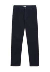 Mörkblå chinos i bomull med rak benform, framfickor och knappstängning. Har en mjuk textur och sydda sömmar.
