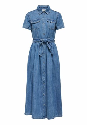 Sinine teksast keskmise pikkusega kleit lühikeste varrukatega, ees nööpidega, rinnataskudega, krae ja vööga, mis on seotud vööndis.