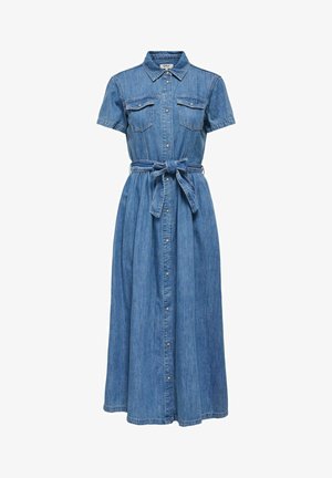 Blå denim midikjole med korte ærmer, knaplukning foran, brystlommer, krave og et bånd bundet om livet.