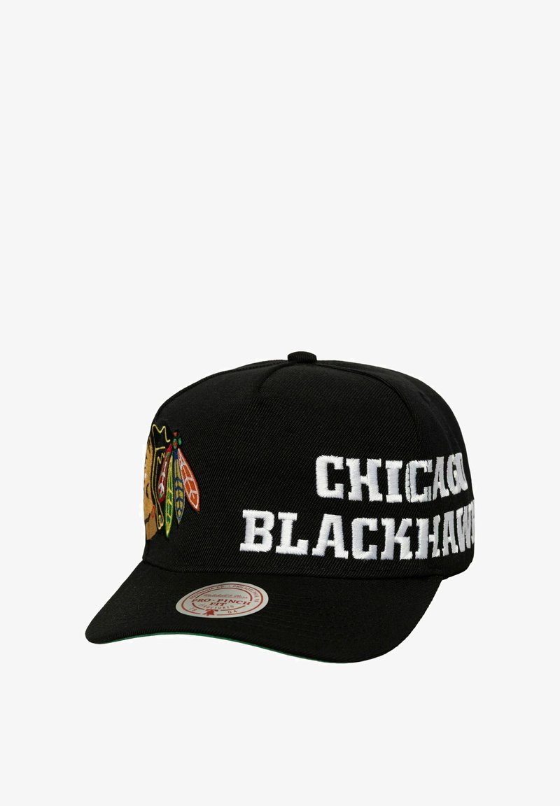 Black cap with a flat brim, featuring embroidered "CHICAGO BLACKHAWKS" text in white and a color logo on the left side.