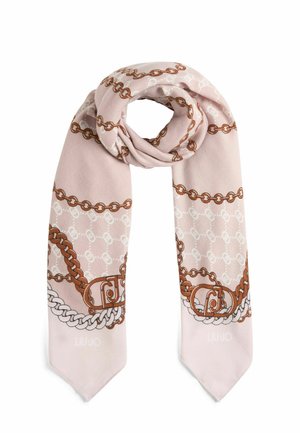 Sciarpa rosa chiaro realizzata in tessuto morbido, con un motivo a catena in tonalità marroni, dettagli bianchi e logo vicino al fondo.