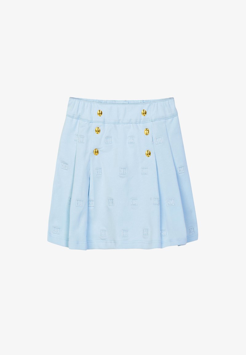 Gonna plissettata azzurro chiaro con bottoni dorati disposti in due file verticali e delicati motivi quadrati ricamati su tutta la superficie.