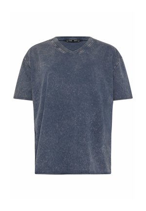 Blaues kurzärmeliges V-Ausschnitt-T-Shirt aus gewaschenem, leicht strukturiertem Stoff mit lockerem Sitz.