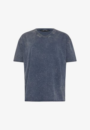 Blaues kurzärmeliges V-Ausschnitt-T-Shirt aus gewaschenem, leicht strukturiertem Stoff mit lockerem Sitz.