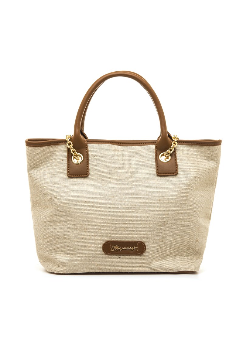 Borsa tote in tela beige con dettagli in pelle marrone, comprese le maniglie e la base. Presenta ferrature dorate e una placca con il logo sul davanti.