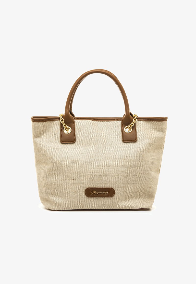 Borsa tote in tela beige con dettagli in pelle marrone, comprese le maniglie e la base. Presenta ferrature dorate e una placca con il logo sul davanti.