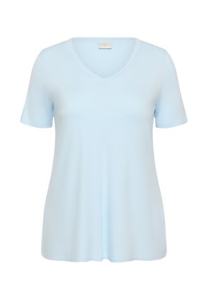 Lichtblauw T-shirt voor dames met korte mouwen en V-hals, licht uitlopend model zonder zichtbare patronen of logo's.