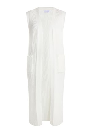 Lang, ærmeløs hvid cardigan med lodret ribbet tekstur, åben front og to forlommer. Blødt stof. Ingen lukninger.