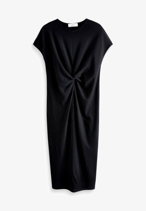 Czarna sukienka do kolan z krótkimi rękawkami typu cap i przednim detalem węzła skręconego w talii, okrągłym dekoltem, wykonana z miękkiego materiału.