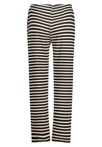 Black and cream ribbed pants featuring a vertical striped pattern, with a fitted design and no visible fasteners or pockets.