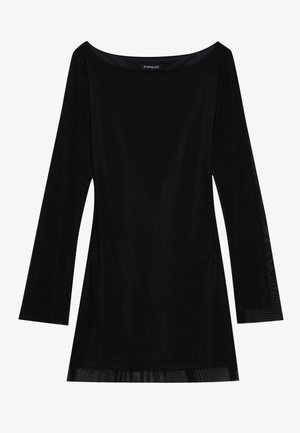 Abito nero a maniche lunghe con scollatura off-shoulder, texture liscia e silhouette fluida. Presenta dettagli trasparenti all'orlo.