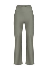 Pantaloni a zampa d'elefante ribbed in verde oliva con un'alta vita. Texture morbida con una finitura liscia, progettati per il comfort e la facilità di movimento.
