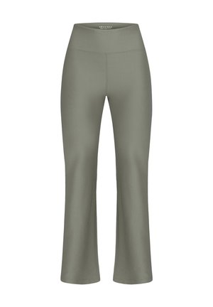 Geribbelde, olijfgroene flared broek met een hoge tailleband. Zachte textuur met een gladde afwerking, ontworpen voor comfort en bewegingsvrijheid.