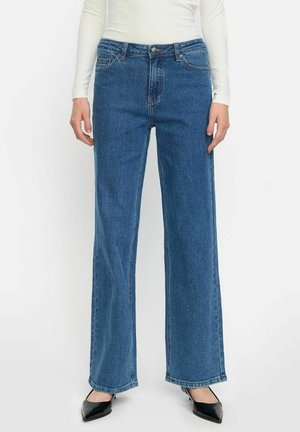 Weite blaue Jeans aus Denim mit hoher Taille, Vorderentaschen und Knopfverschluss. Der Stoff hat eine glatte Textur.