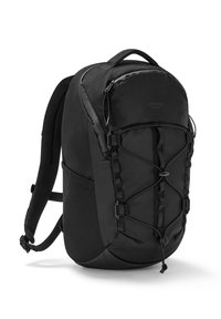 Schwarzer Rucksack aus strukturiertem Material, mit gepolsterten Trägern und elastischem Bungee-Kordel-Detail auf der Vorderseite. Verfügt über verschiedene Fächer zur Aufbewahrung.