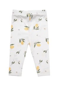 Weiße Leggings mit einem Muster aus Zitronen und Blättern, hergestellt aus einem weichen Stoff, mit einem dehnbarem Bund und einer figurschmeichelnden Passform.