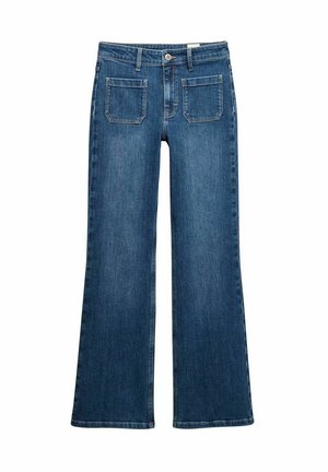 Blå denim flare jeans med medelhög midja, framknapp och dragkedjestängning, fem fickor och sömnadsdetaljer vid sömmarna.
