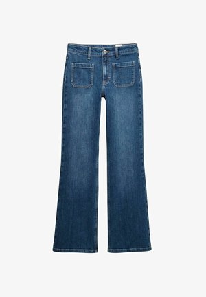 Blå denim flare jeans med medelhög midja, framknapp och dragkedjestängning, fem fickor och sömnadsdetaljer vid sömmarna.