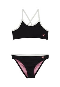 Ensemble de bikini noir côtelé comprenant un haut à dos croisé avec des bordures blanches et un bas assorti. Doublure rose notable et petit logo en forme de cœur.