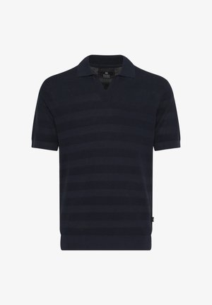 Polo tričko v námorníckej modrej farbe, pletené, s V-výstrihom, krátkymi rukávmi a striedajúcimi sa hladkými a textúrovanými horizontálnymi pruhmi. Viditeľná visačka.