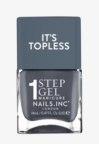 Grijze nagellak in een doorzichtige glazen fles met een vierkante dop. Etiket zegt "1 STAP GEL" en "HET IS TOPLESS". Inhoud: 14 mL.