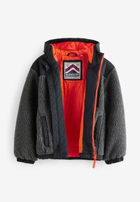 Men’s black and grey fleece jacket with bright orange quilted lining and full front zipper, branded Superdry Mountain Sport inside collar.