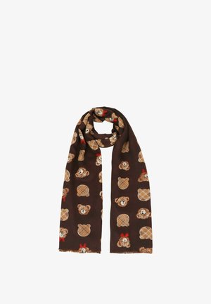 Brauner Schal mit wiederholten Bären- und Bärenkopf-Mustern in Beige, mit roten Akzenten. Das Material scheint weich zu sein und hat fransige Kanten.